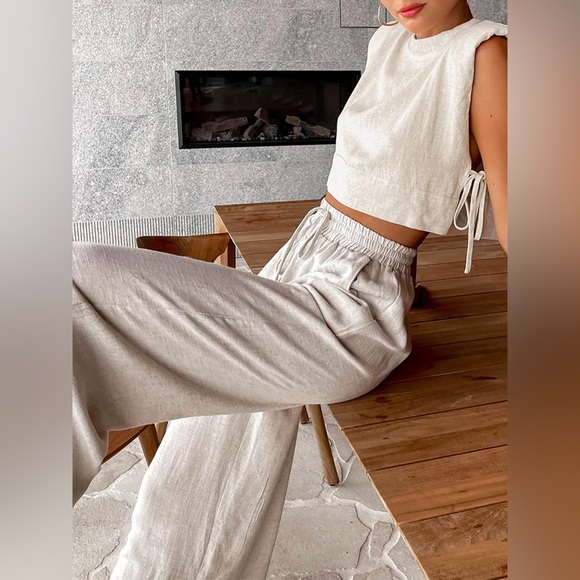 Linen Two Piece Crop Tank Wide Leg Pants Set - Picture 1 of 8